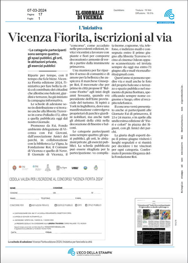 07-03-24 Il GIORNALE DI VICENZA Vicenza Fiorita, iscrizioni al via