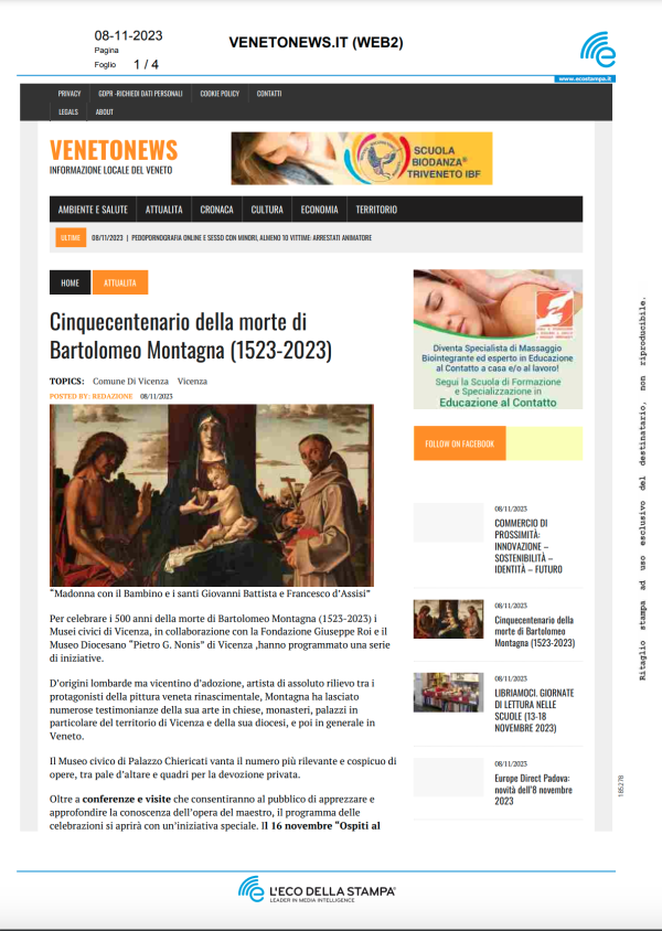 08-11-23 VenetoNews. Cinquecentenario della morte di Bartolomeo Montagna (1523-2023)