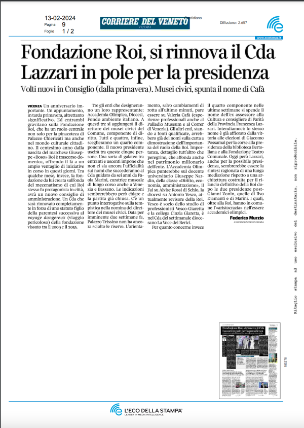 13-02-24 Corriere del veneto Fondazione Roi, si rinnova il Cda Lazzari in pole per la presidenza