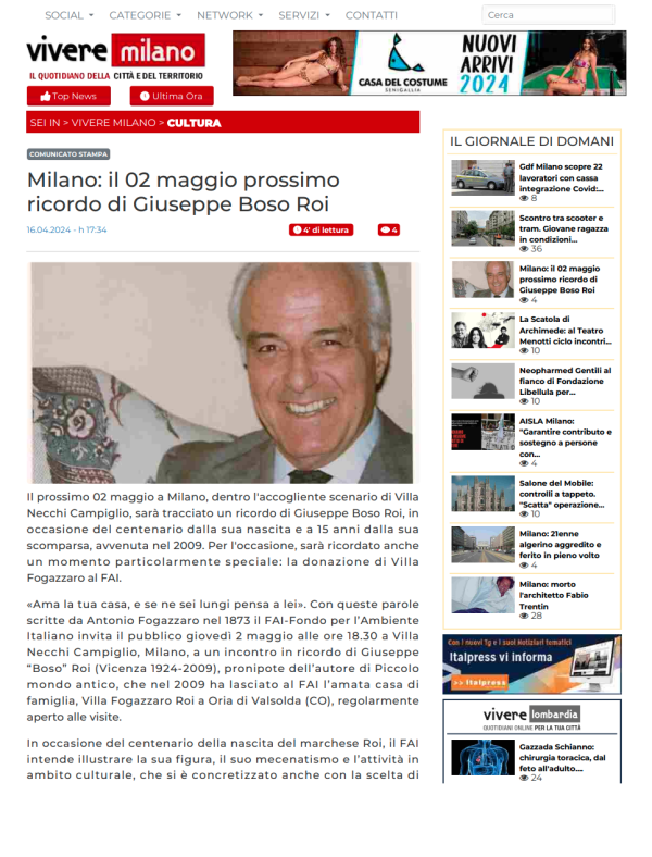 16-04-24 VIVEREMILANO.ORG - Milano: il 02 maggio prossimo ricordo di Giuseppe Boso Roi
