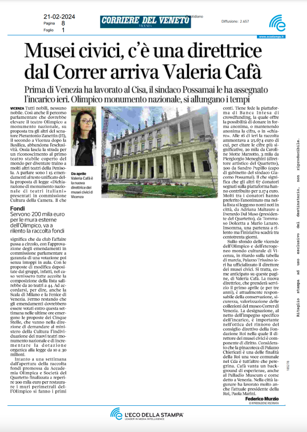 21-02-24 Corriere del Veneto Musei civici, c'è una direttrice dal Correr arriva Valeria Cafà