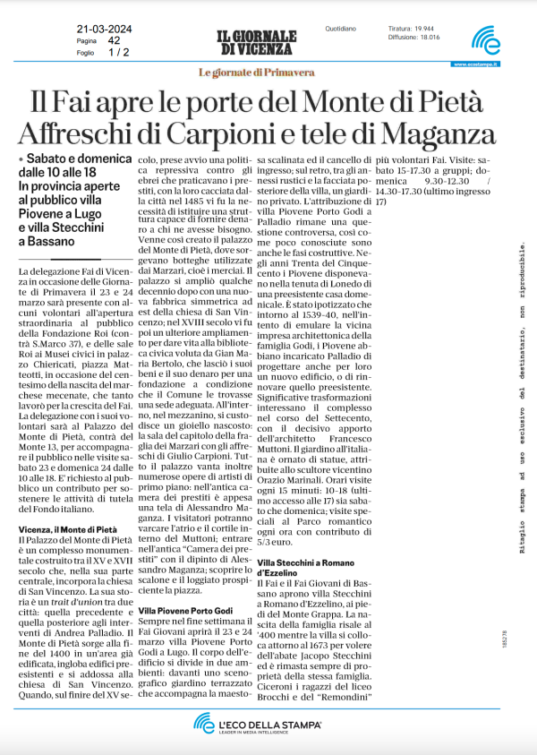 21-03-24 Il Giornale di Vicenza - Il Fai apre le porte del Monte di Pietà. Affreschi di Carpioni e tele di Maganza