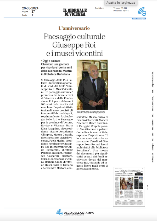 26-03-24 IL GIORNALE DI VICENZA - Paesaggio culturale Giuseppe Roi e i musei vicentini