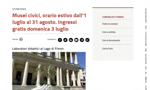 27-06-2022. Comune di Vicenza: Musei civici, orario estivo dall'1 luglio al 31 agosto. Ingressi gratis domenica 3 luglio
