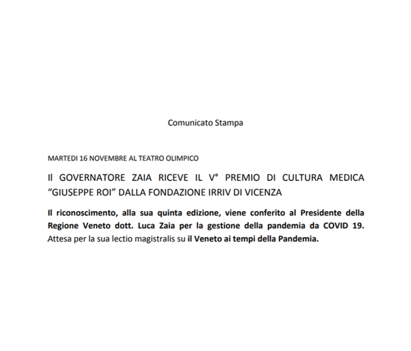 Martedi 16 novembre al Teatro Olimpico  il Governatore Zaia riceve il V° premio di cultura medica  “Giuseppe Roi” dalla fondazione IRRIV di Vicenza