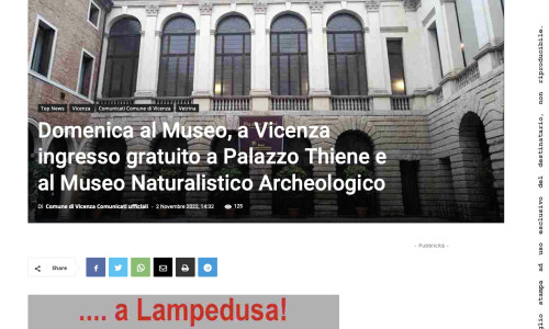 02-11-22. Vicenza Più: Domenica al Museo, a Vicenza ingresso gratuito a Palazzo Thiene e al Museo Naturalistico Archeologico
