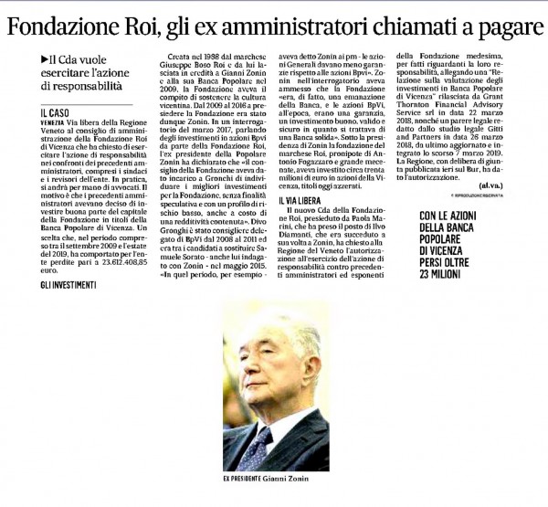 19 giugno 2019 - Il Gazzettino - Fondazione Roi, gli ex amministratori chiamati a pagare