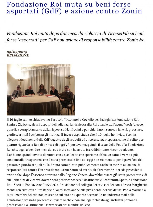 9 settembre 2019 - VicenzaPiù - Fondazione Roi muta su beni forse asportati (GdF) e azione contro Zonin